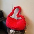 Fashionable red quilted dumpling bag with pleated strap and drawstring detail - 42x14x23 / Burgundy