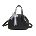 Minimalist black lychee leather bowling bag with white organza bow and silver hardware - Black