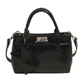 Glossy black leather crossbody bag with silver twist lock and mini triangular pouch pendant - With Pendant / Black