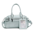 Borsa Boston celeste in pelle PU con cinghie decorative e un porta tessere coordinato - Blu