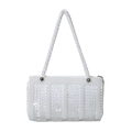 Elegant white pearl and sequin pillow handbag with woven strap and silver zipper detail - White