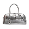 Silver metallic leather box bag with heart pendant and buckle detail - Silver