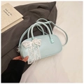 Light blue bowling handbag with white lace bow, stylish PU leather crossbody bag. - Blue Without Pendant