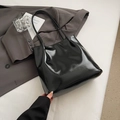 Minimalist black patent leather tote bag with glossy finish and slim dual shoulder straps - No Pendant / Black
