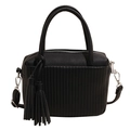 Elegant black lychee grain handbag with vertical embossed texture and double tassels - Black