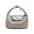 Silver pleated handbag with metallic texture and curved top handle for women - Silver