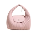 Pale pink pleated crescent handbag with vertical stripes and silver buckle closure - Pink