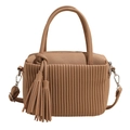 Brown lychee leather bucket bag with pleated texture and stylish tassel charm - Khaki