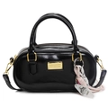 Glossy black mini bowling bag with dual top handles and gold-tone hardware detail - Black