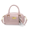 Pink cylinder bowling handbag with gold hardware and woven charm in soft PU leather - Pink