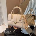 Elegant cream white leather handbag with gold metal clasp and detachable shoulder strap - Khaki