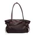 Dark brown nylon patchwork shoulder bag with leather straps and drawstring detail - Coffee