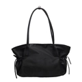 Large capacity black nylon travel tote with leather trim and drawstring side detail - Black