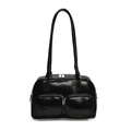 Borsa a spalla nera lucida minimalista con due tasche anteriori e finiture argentate - Nero