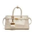 Elegant off-white PU leather handbag with gold twist-lock and mini bag charm - White With Matching Mini Pouch Charm