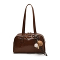 Vintage dark coffee leather handbag with dual straps and sporty keychain on white background - With Pendant / Red