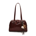 Deep red shiny PU leather shoulder bag with a unique baseball themed charm pendant - Brown