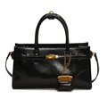 Classic black briefcase tote in high-gloss leather with gold hardware and strap - Black With Matching Mini Pouch Charm