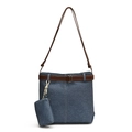 Blaue Denim-Tragetasche mit braunem Lederriemen und passender kleiner Geldbörse - Denim-Blau