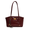 Polished wine red underarm tote bag with gold metal plate and bell charm detail - With Pendant / Red