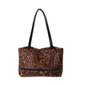 Bolso tote grande de ante vintage con estampado de leopardo, flecos y correas negras - Leopardo Marrón