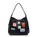Sac fourre-tout vintage noir avec patchs rétro colorés et surpiqûres blanches - Noir