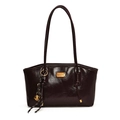 Glossy deep burgundy shoulder bag with gold logo plate and braided charm detail - With Pendant / Brown