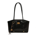 French vintage black patent leather shoulder bag with gold plaque and woven pendant - With Pendant / Black