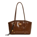 French vintage large brown glossy leather tote bag for women with golden charm - With Pendant / Brown