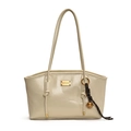 Minimalist cream shoulder bag with golden plaque and decorative bell charm detail - With Pendant / White