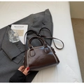 Dark brown glossy Boston bag with white stitching and adjustable shoulder strap - Coffee (No Pendant)