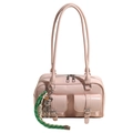 Pale pink faux leather underarm Boston bag with dual buckle pockets and bear charm - Pink