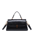 Elegant black glossy pleated leather crossbody bag with minimalist gold square buckle - Black