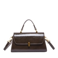 Retro dark brown oil-wax leather small square handbag with vintage gold buckle - Brown