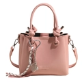 Pale pink faux leather bucket bag with heart metal ring and tennis racket charm - Pink With Badminton Charm