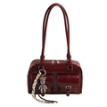 Dark wine red Boston bag in glossy leather with front pockets and bear charm - Burgundy