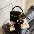 Sac boîte en tweed noir avec bandoulière chaîne et pendentif mignon pour femme - Grand / Noir Grand