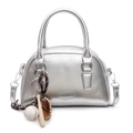 Silver bowling bag in metallic PU leather with baseball charm and crossbody strap - With Baseball Pendant / Silver