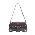 Borsa a spalla in pelle verniciata marrone scuro con fibbie argento e design Y2K - Marrone