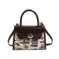 Chic Kelly bag in dark brown leather and off-white canvas with classic landscape print - Brown