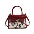 Mini burgundy leather and canvas woven tote bag with artistic landscape and rabbit print - Red