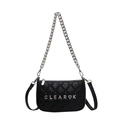Black quilted crossbody bag featuring silver chain strap and metal logo accent - Black
