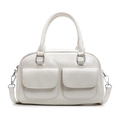 Minimalist cream white oil wax leather Boston handbag with double front pockets - Off White