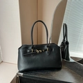 Minimalist black matte leather tote bag with gold buckle straps for daily commute - No Pendant / Black