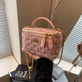 Pink tweed crossbody bag with gold camellia logo and chain strap for women - Pink Large