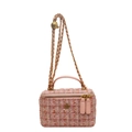 Pink tweed vanity bag with gold-tone chain strap and woven leather handle accents - Large / Pink