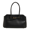 Minimalist black leather shell tote bag with gold buckles and long shoulder straps - Black Without Charm