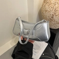 Chic silver metallic baguette bag with decorative buckle and matching shoulder strap - Silver