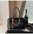 Detail of black leather tote bag with vintage gold chain and orange woven decorative cord - Black with Pendant