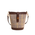 Vintage Karomuster-Eimertasche aus braunem Leder mit Hahnentrittstoff und Metallverschluss - Kaffee Kariert